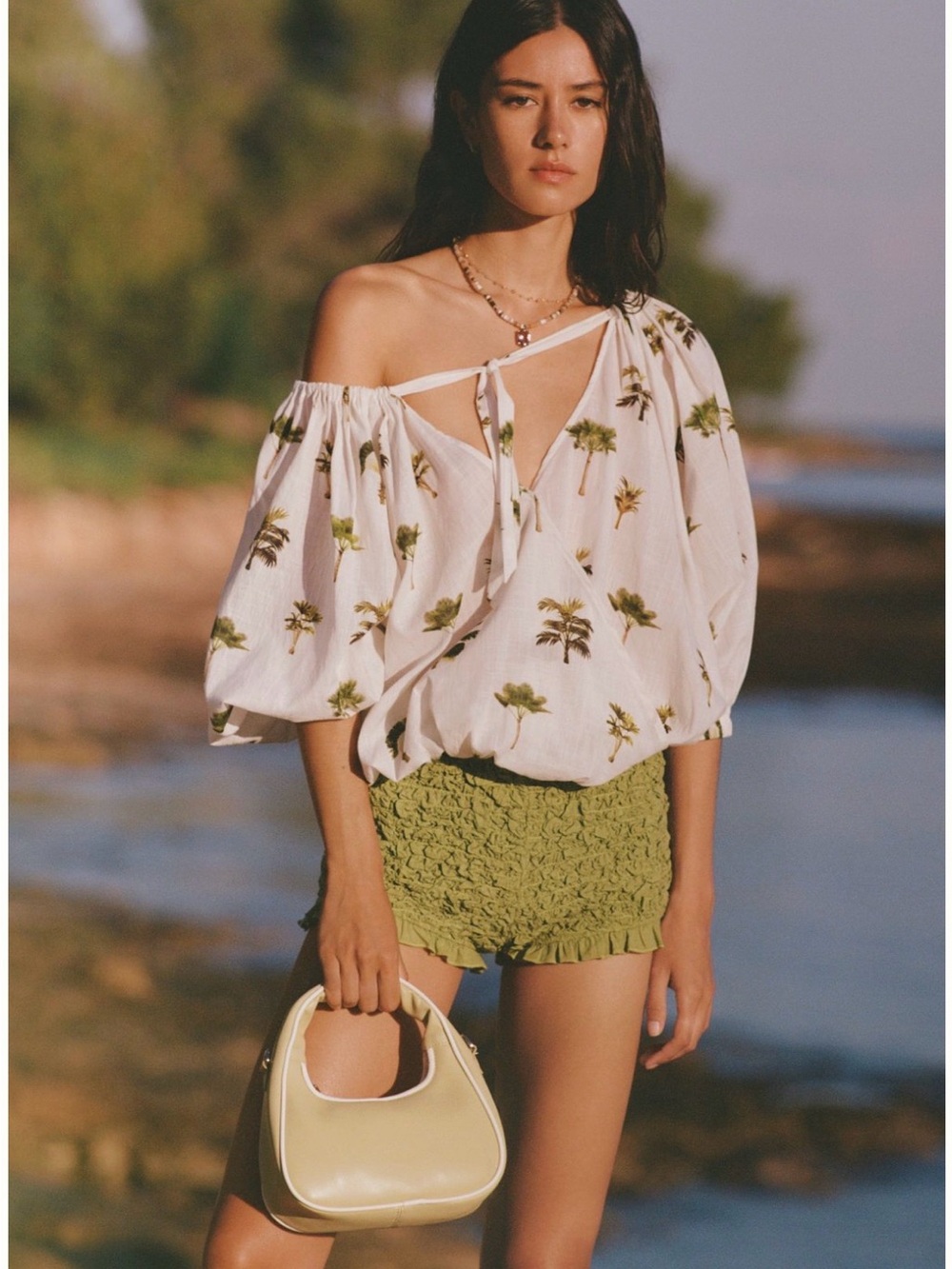 Celandine for Anthropologie. Puff sleeve bubble blouse. Palm-tree print.